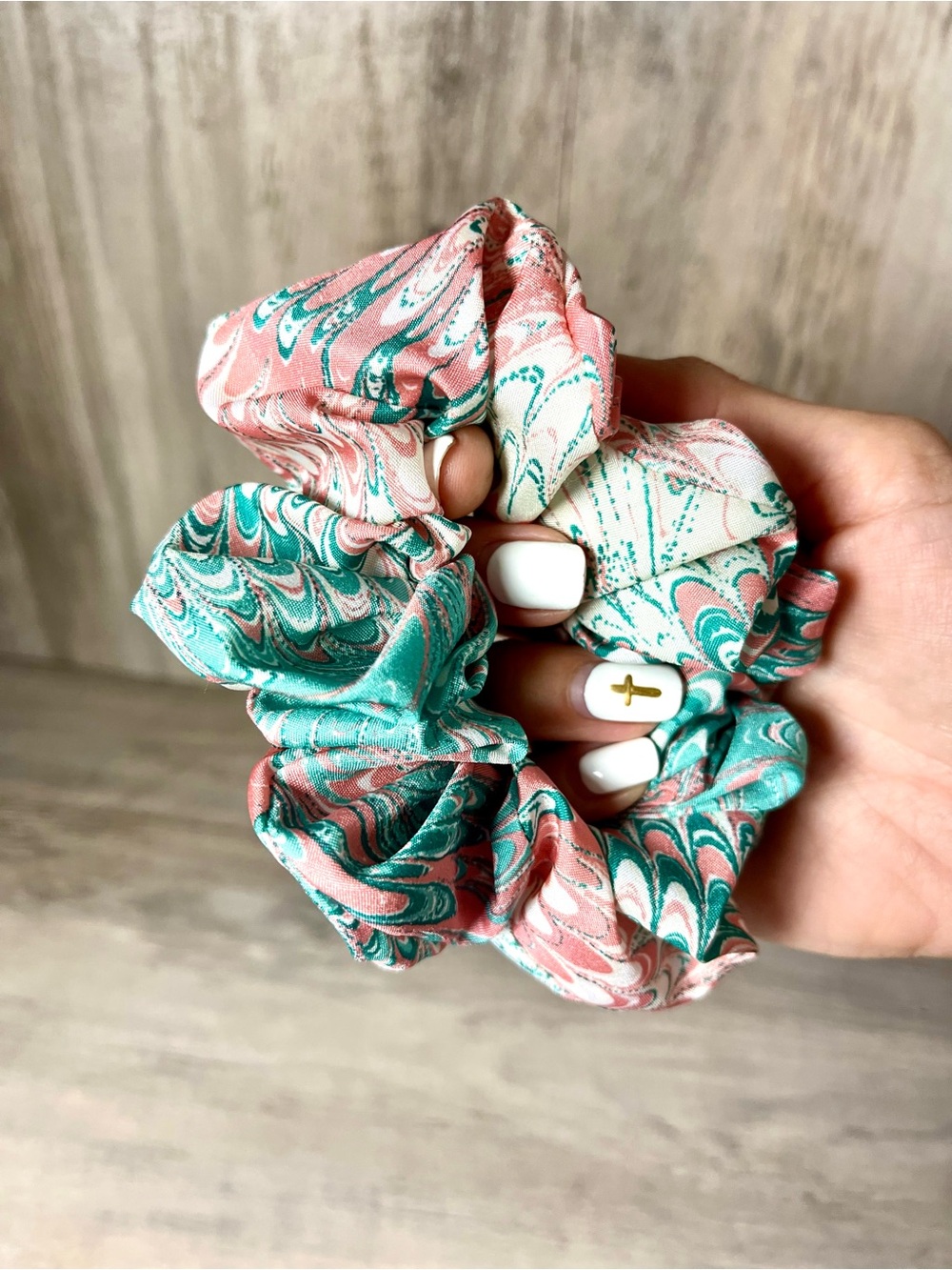 Satin Multicolored Scrunchie Green Pink White OOAK Handmade Single O/S